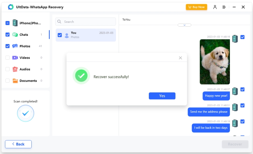 recuperar datos de copia de seguridad de iTunes en el dispositivo - UltData guía de recuperación de datos de WhatsApp